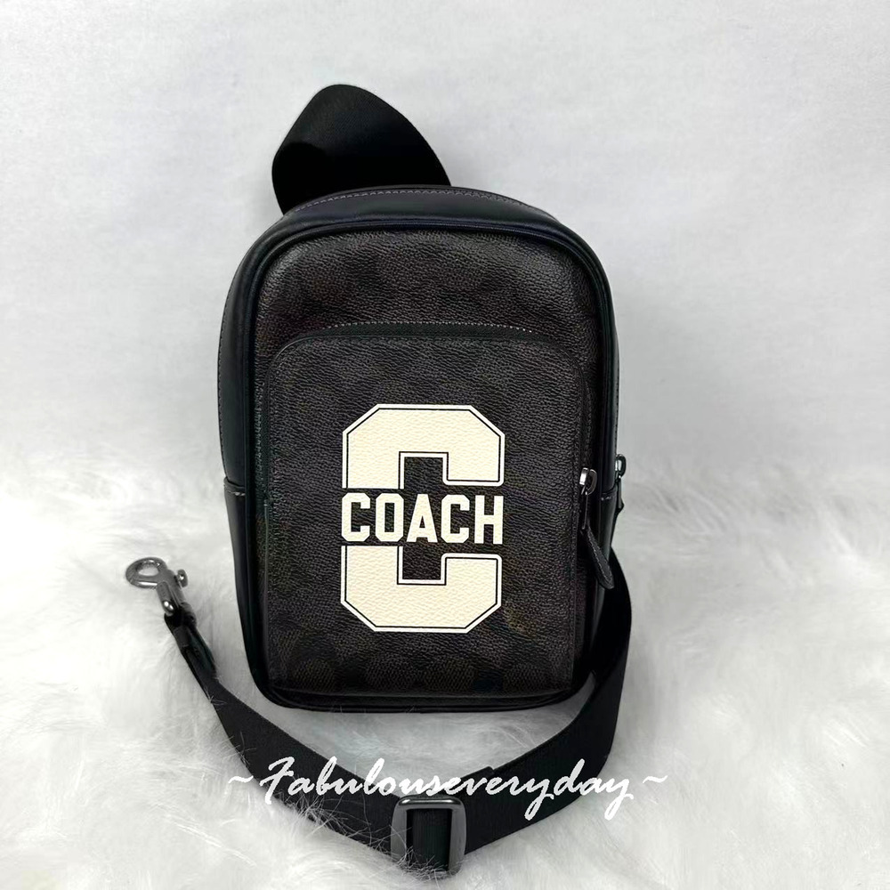 Coach Men's Racer Sling Pack With Varsity Graphic In Leather/Walnut CCE77 NWT